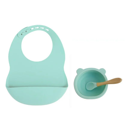 Colorful Silicone Feeding Set for Babies: Bib, Plate, Bowl, and Spoon